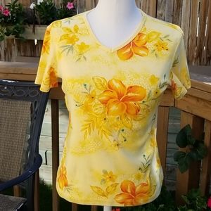 Vintage Yellow Floral Beaded Short Sleeved Tee